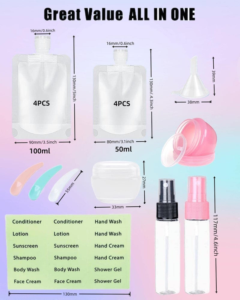 SEQUHITKU 17 Pack Travel Pouches for Toiletries,TSA Approved,Travel Size Portable Containers,Stand Up Pouch,Refillable Travel Accessories for Shampoo Conditioner Lotion Soap Liquids (C-17pcs) - Image 2